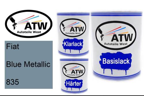 Fiat, Blue Metallic, 835: 1L Lackdose + 1L Klarlack + 500ml Härter - Set, von ATW Autoteile West.